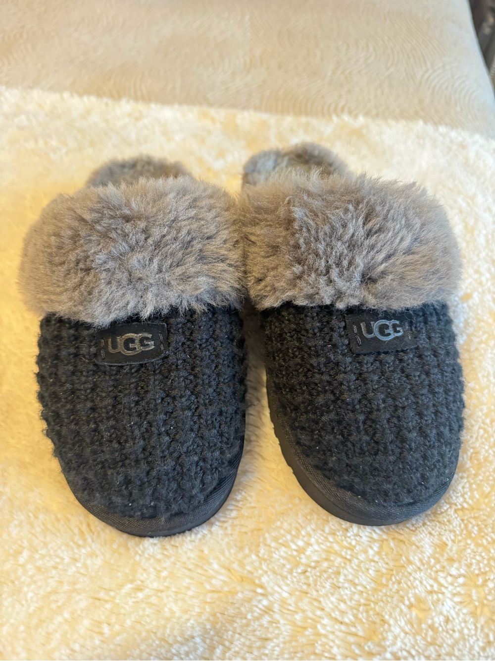 UGG Kids Black Knit Slippers with Gray Shearling Cuff